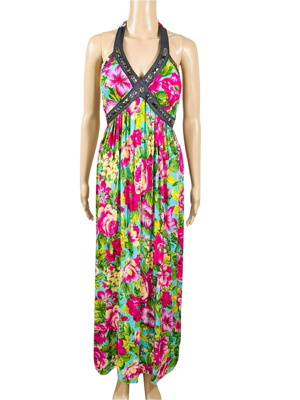 MAGIC Y2K
Floral Halter Maxi Dress Embellished Boho
Teal Pink Summer Long Sz s